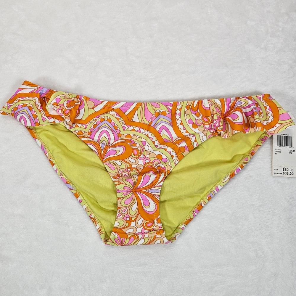 Raisins Sophia Pant Bikini Bottoms Womens Psychedelic Paisley Ruffle Orange‎ M